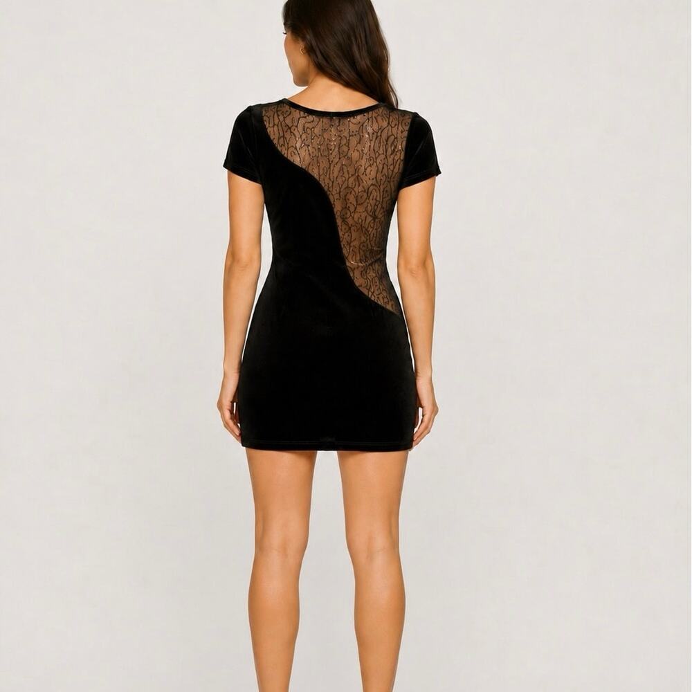 Vintage Black Velvet Bodycon Dress Sheer Mesh Sequin Back Made in USA Y2K S